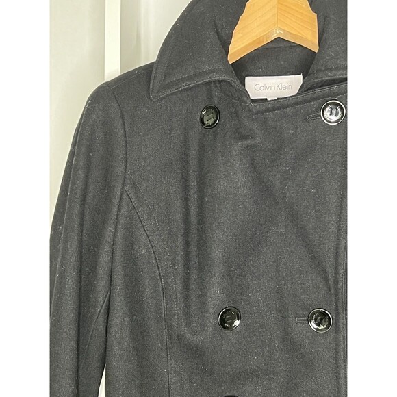 Calvin Klein Peacoat Womens 10 Black Jacket Wool Double Breasted Pocket Neck - Picture 2 of 16